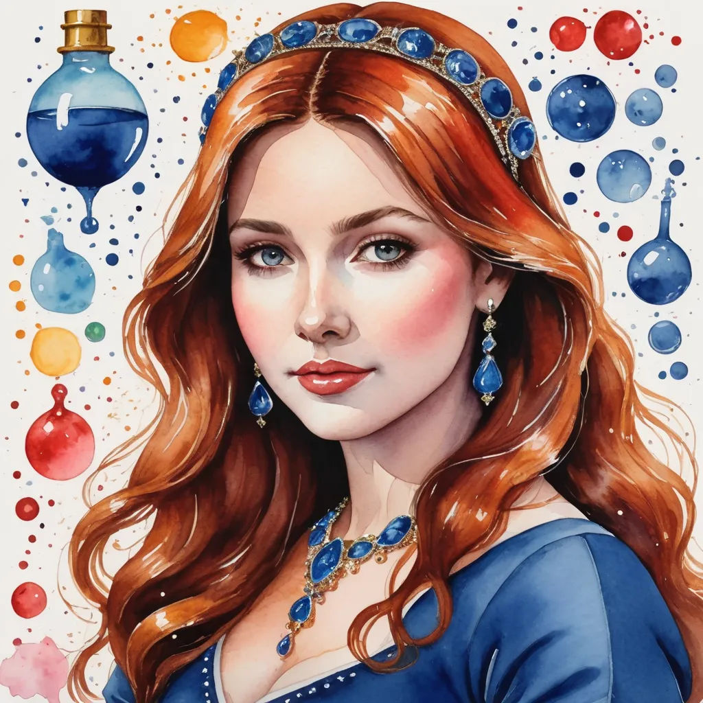 a painting of a woman with red hair and blue dress and a necklace with blue beads and a blue bottle of perfume, fantasy art, a detailed painting, Donato Giancola, in gouache detailed paintings