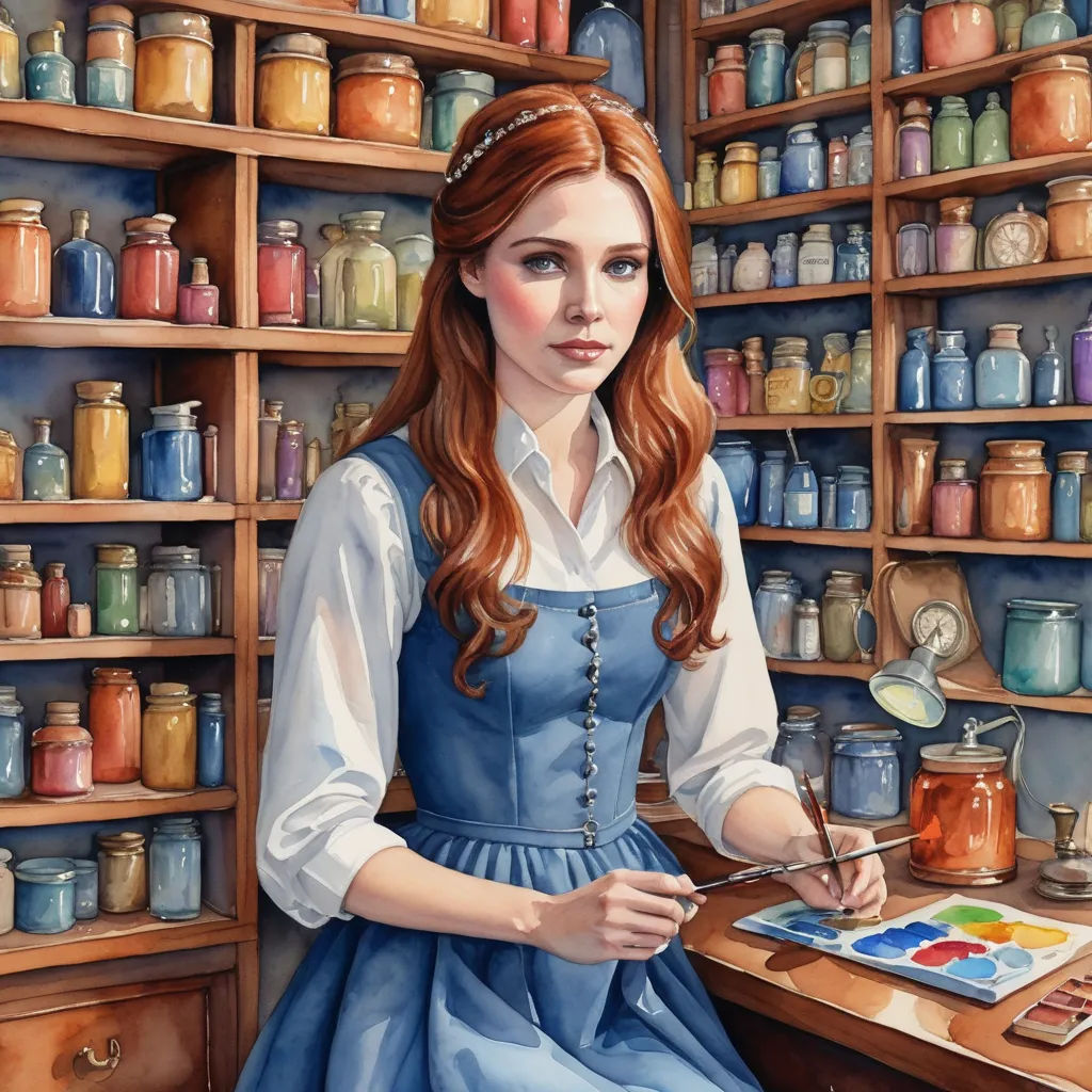 a painting of a girl in a blue dress painting a picture of a girl in a blue dress in a room full of jars, fantasy art, a detailed painting, Arthur Hughes, trending on art station