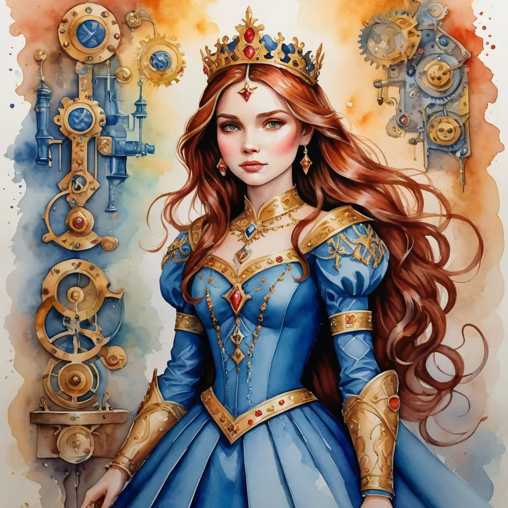a painting of a woman in a blue dress with a crown on her head and a clock in the background, fantasy art, a detailed painting, Anne Stokes, mechanical