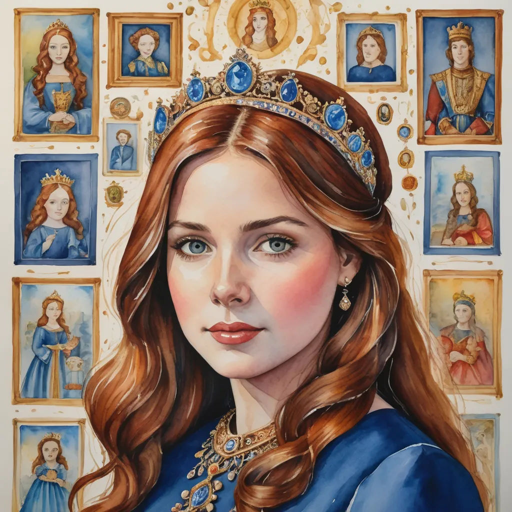 a painting of a woman wearing a tiara and surrounded by portraits of women of different ages and ages, figurative art, a detailed painting, David Roberts, highly detailed oil painting