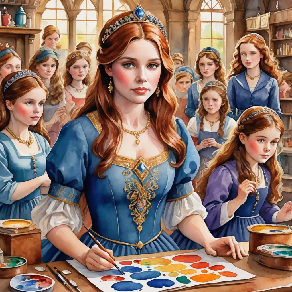 a painting of a woman in a blue dress with other women in blue dresses around her and a palette of paint, fantasy art, a detailed painting, Arthur Hughes, detailed painting