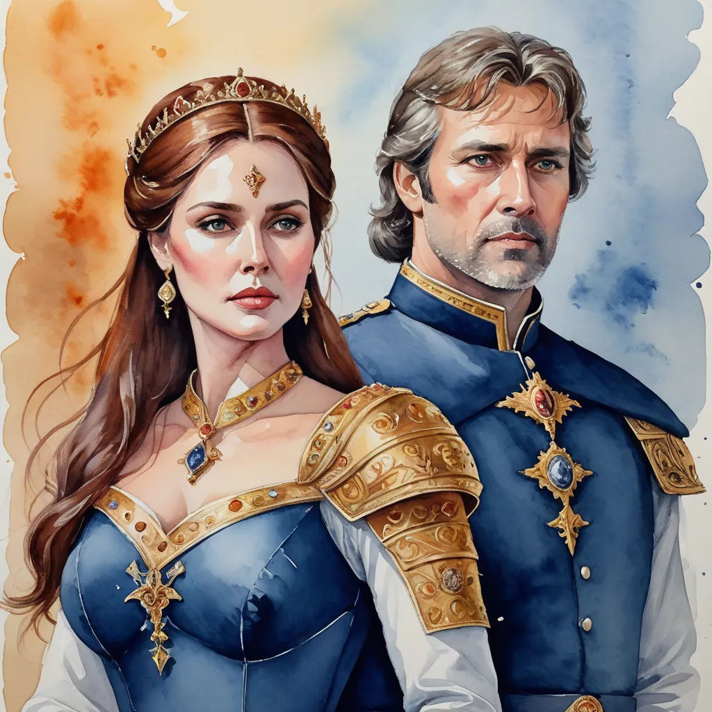 a painting of a man and a woman dressed in medieval clothing, with a sword in their hand, and a crown on their head, fantasy art, a detailed painting, Donato Giancola, detailed painting