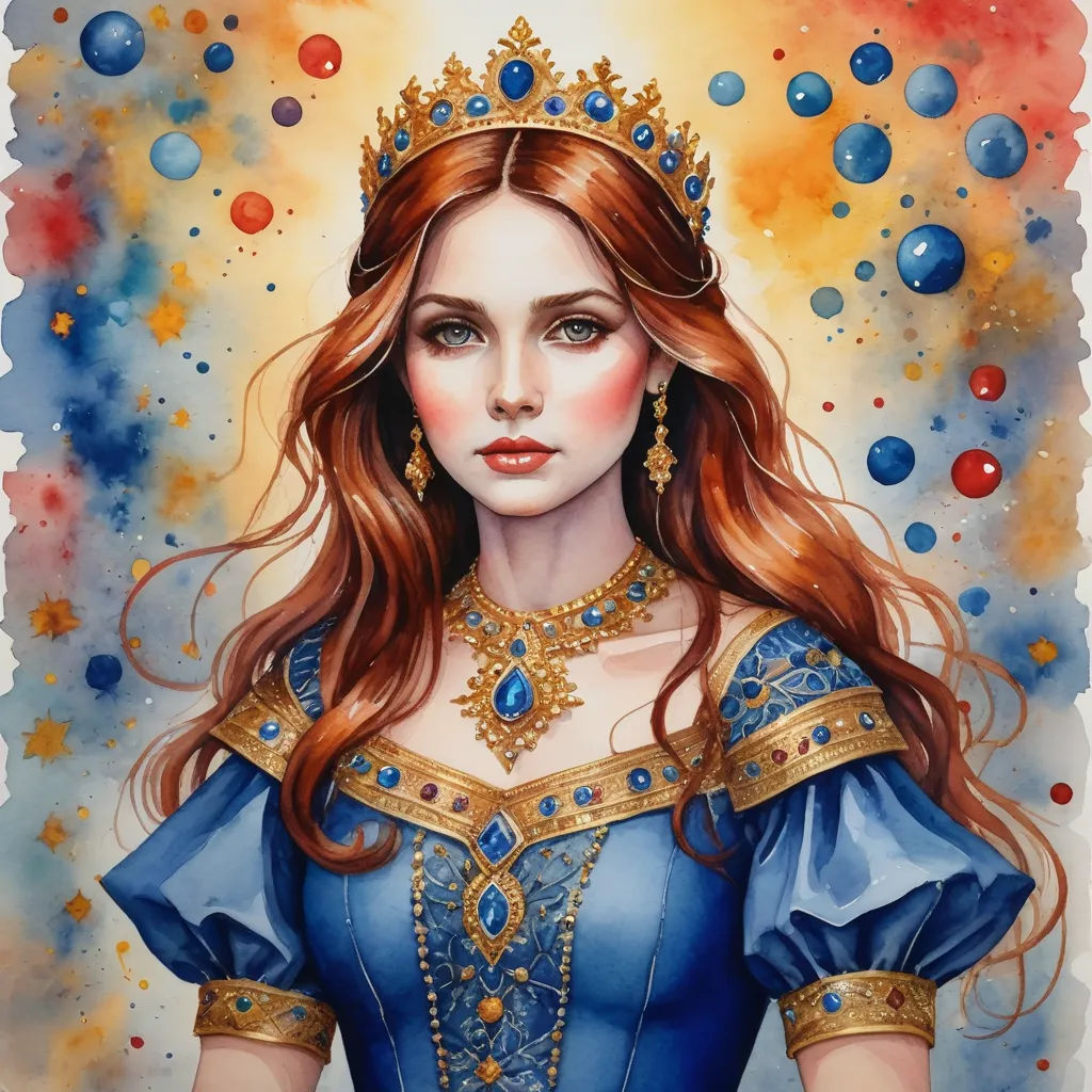 a painting of a woman wearing a tiara and a blue dress with gold trims and a crown, fantasy art, a detailed painting, Anne Stokes, detailed painting