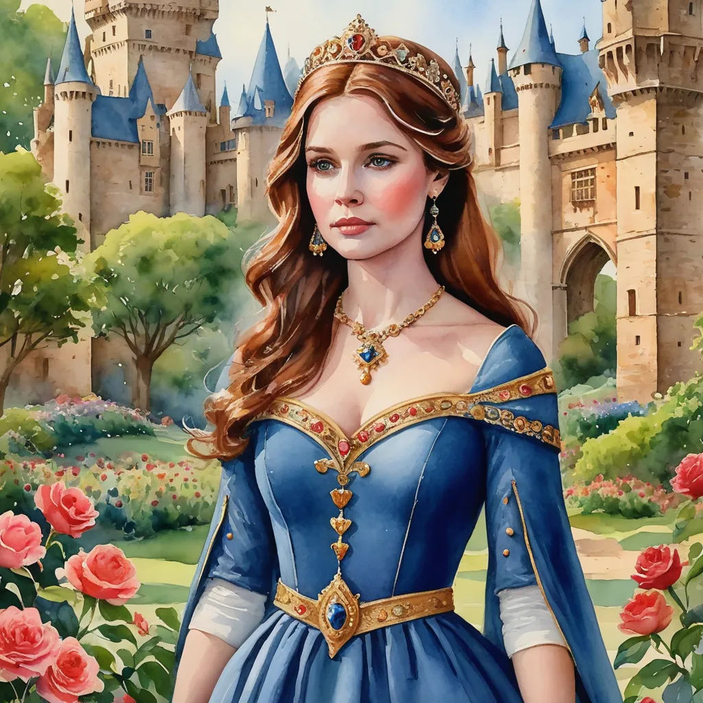 a painting of a woman in a blue dress in front of a castle with roses in the foreground, fantasy art, a detailed painting, Anne Stokes, kinkade