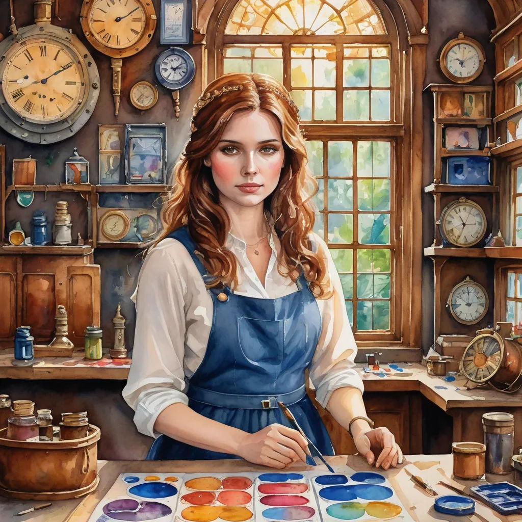 a painting of a woman in a blue apron painting on a canvas with a clock in the background and a window, fantasy art, a detailed painting, Elinor Proby Adams, detailed painting