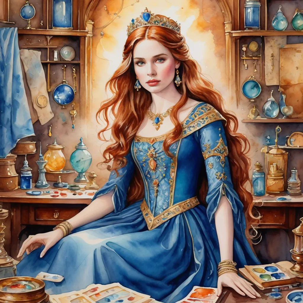 a painting of a woman in a blue dress sitting on a table with a book and a picture of a woman in a blue dress, fantasy art, a detailed painting, Anne Stokes, fantasy artwork