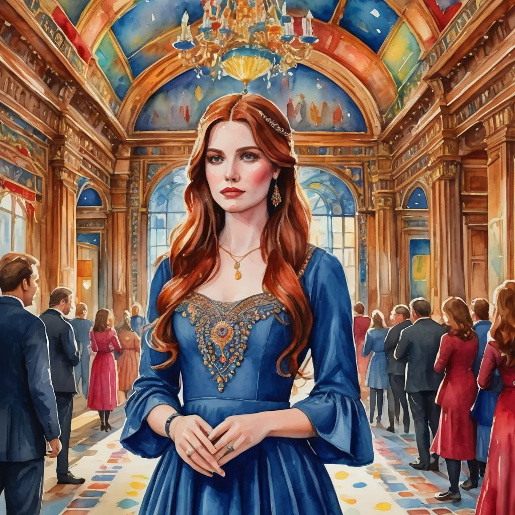 a painting of a woman in a blue dress in a hall with people in the background and a chandelier, sots art, a detailed painting, Florence Engelbach, official art