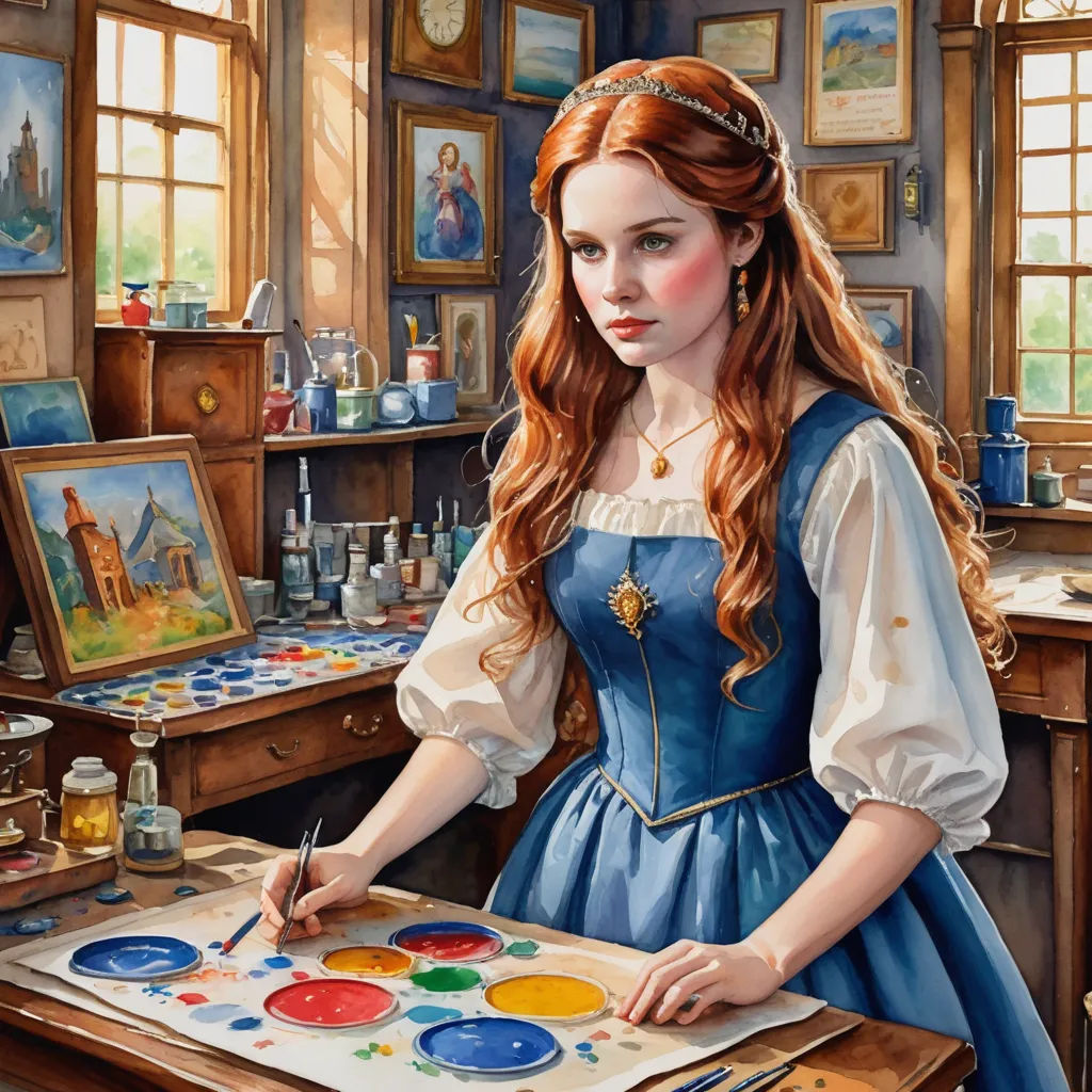 a painting of a girl in a blue dress painting on a canvas with a brush and palettes on a table, fantasy art, a detailed painting, Donato Giancola, detailed painting