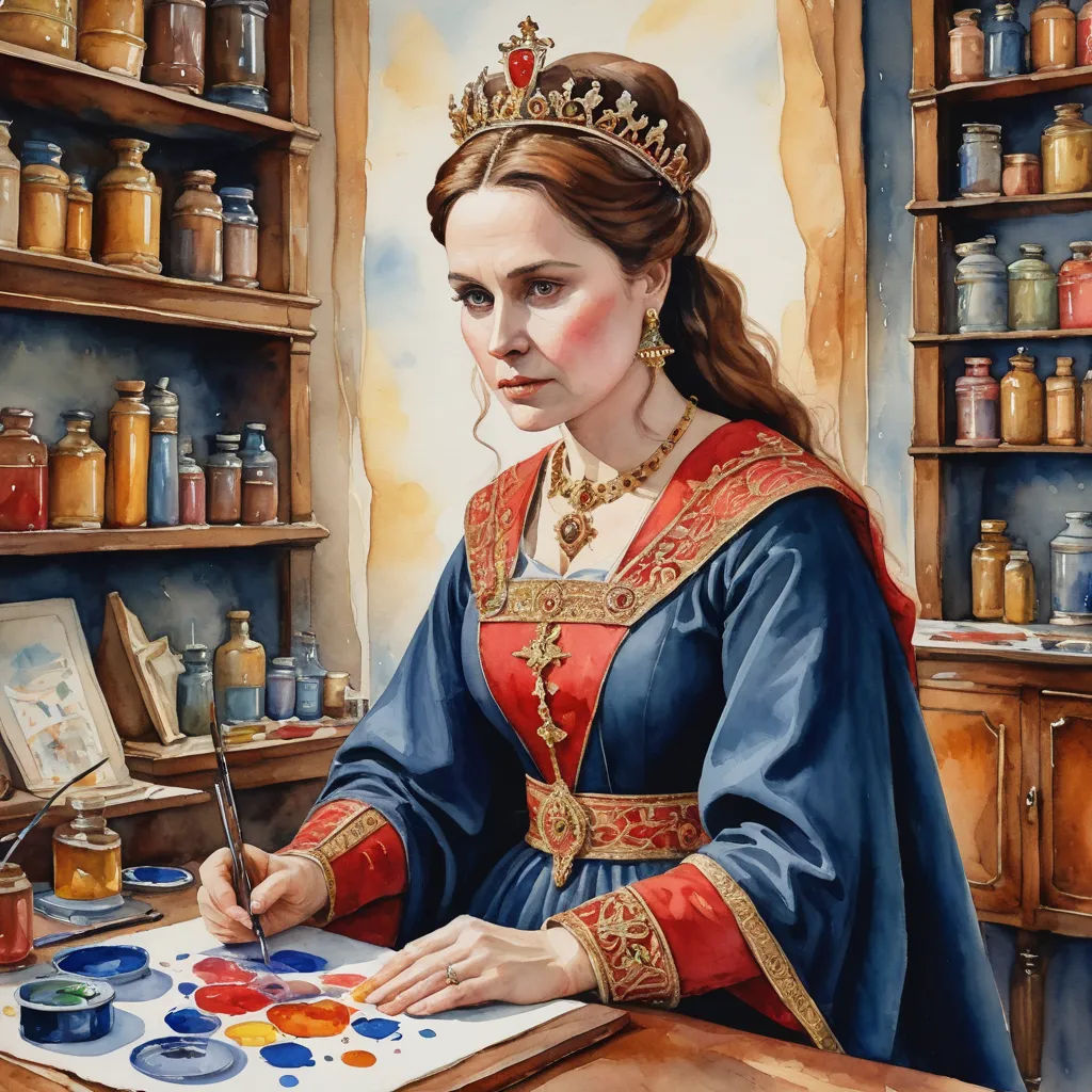 a painting of a woman in a blue dress with a crown on her head and a paintbrush in her hand, fantasy art, an ultrafine detailed painting, Donato Giancola, detailed painting