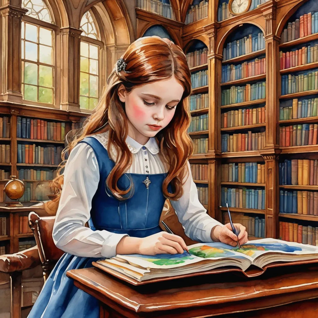 a painting of a girl sitting at a desk in a library reading a book and writing a letter to her mother, fantasy art, a storybook illustration, Arthur Hughes, storybook illustration