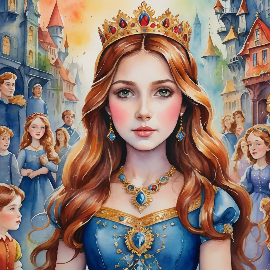a painting of a woman in a blue dress with a crown on her head and a crowd of people behind her, fantasy art, a storybook illustration, Arthur Hughes, storybook illustration