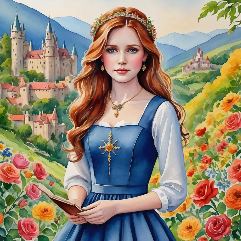 a painting of a girl in a blue dress holding a book in front of a castle and flowers in the background, fantasy art, a detailed painting, Anna Maria Barbara Abesch, detailed painting