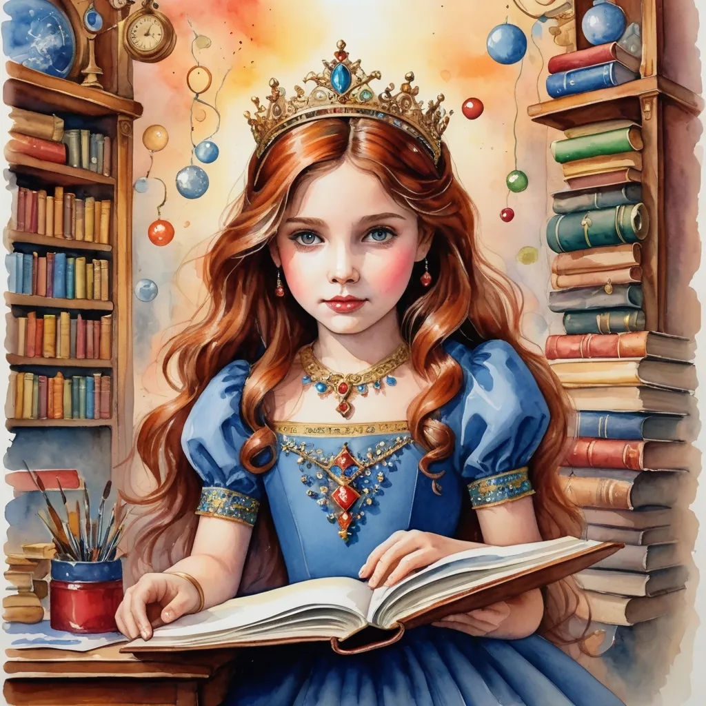 a painting of a girl reading a book in a library with a crown on her head and a book in her hands, fantasy art, a storybook illustration, Arthur Hughes, storybook illustration