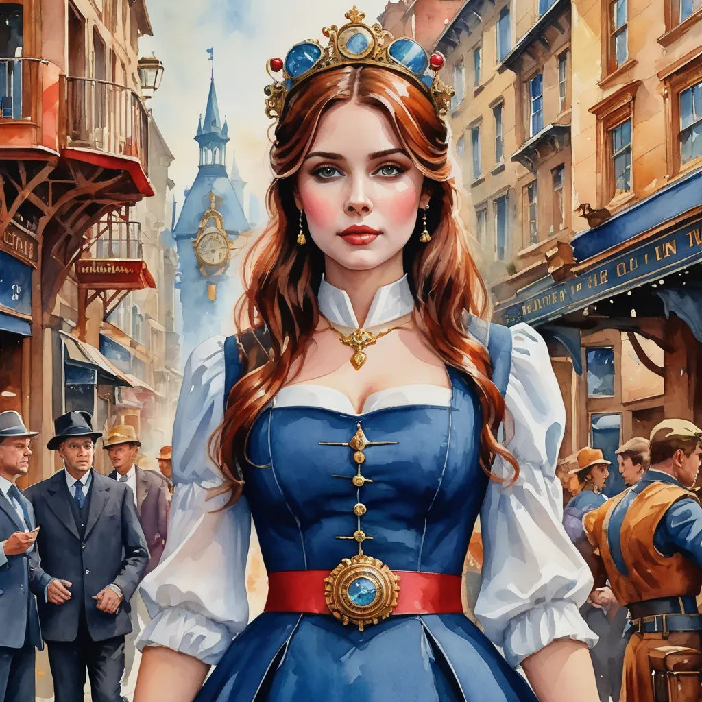 a painting of a woman in a blue dress and a man in a suit and tie standing in front of a street, fantasy art, a detailed painting, Anne Stokes, detailed painting