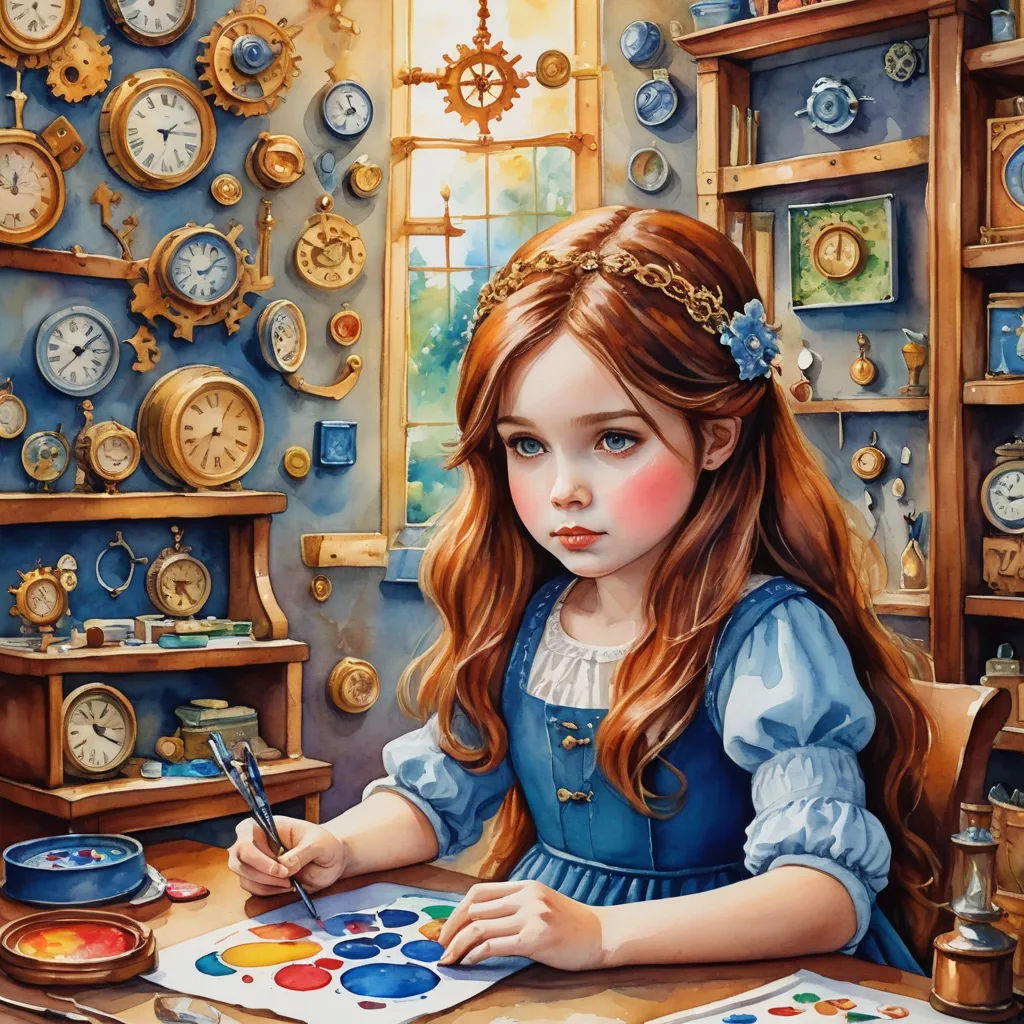a painting of a little girl sitting at a table with a paintbrush and palette in front of a wall of clocks, fantasy art, a detailed painting, artist, detailed painting