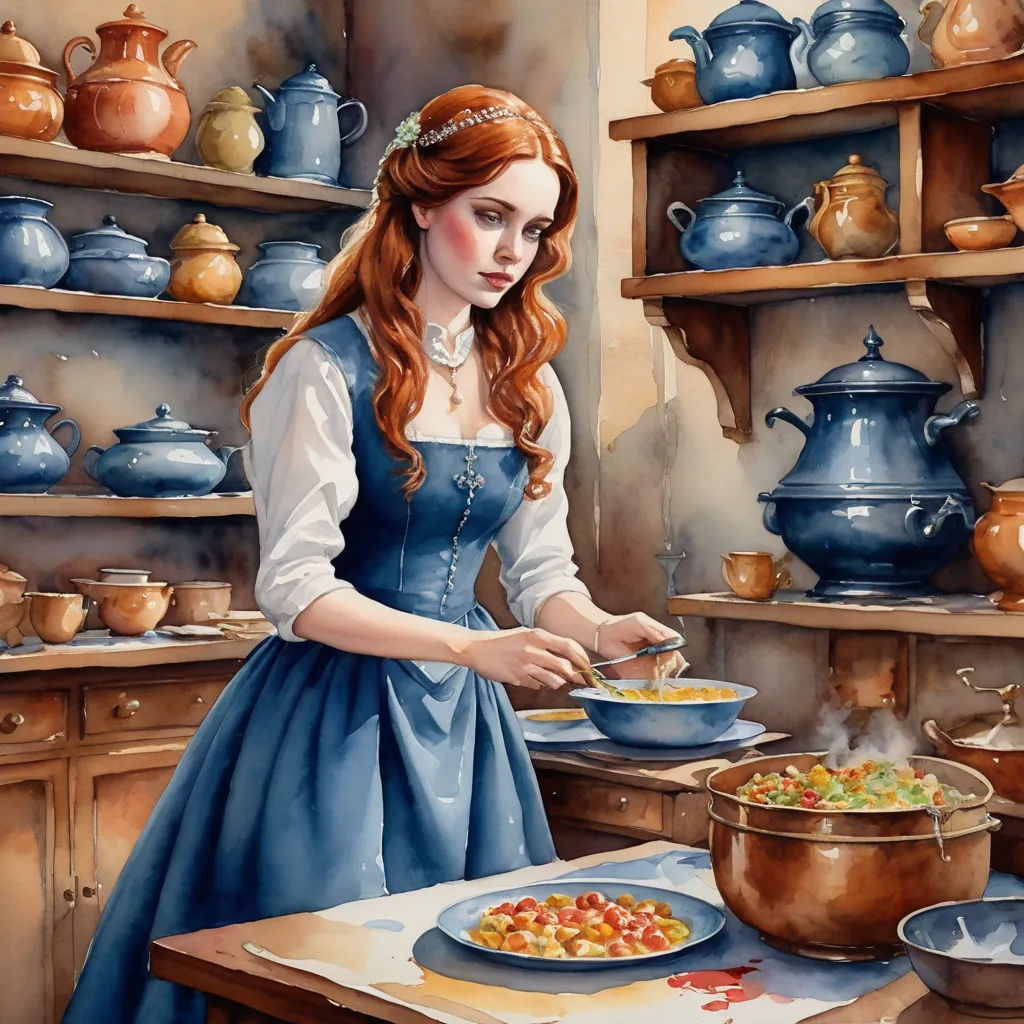a painting of a woman in a blue dress cooking food in a kitchen with pots and pans on the shelves, fantasy art, a storybook illustration, Arthur Hughes, storybook illustration