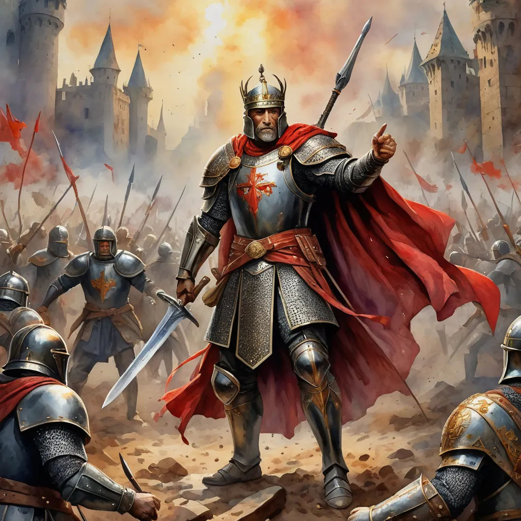 a painting of a knight in a battle with other knights in the background and a castle in the background, antipodeans, concept art, Christophe Vacher, medieval