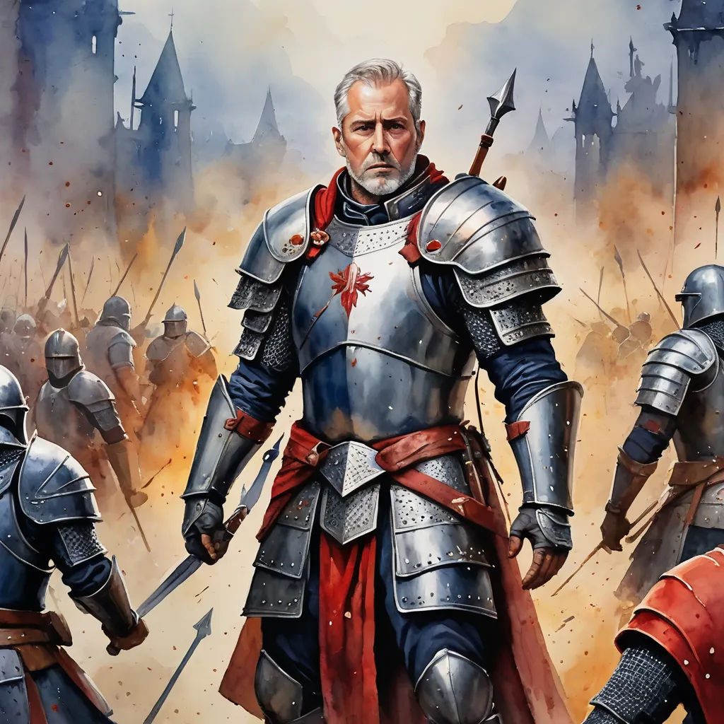 a painting of a man in armor standing in front of a group of men in armor with swords and shields, sots art, a detailed painting, Christophe Vacher, epic fantasy character art