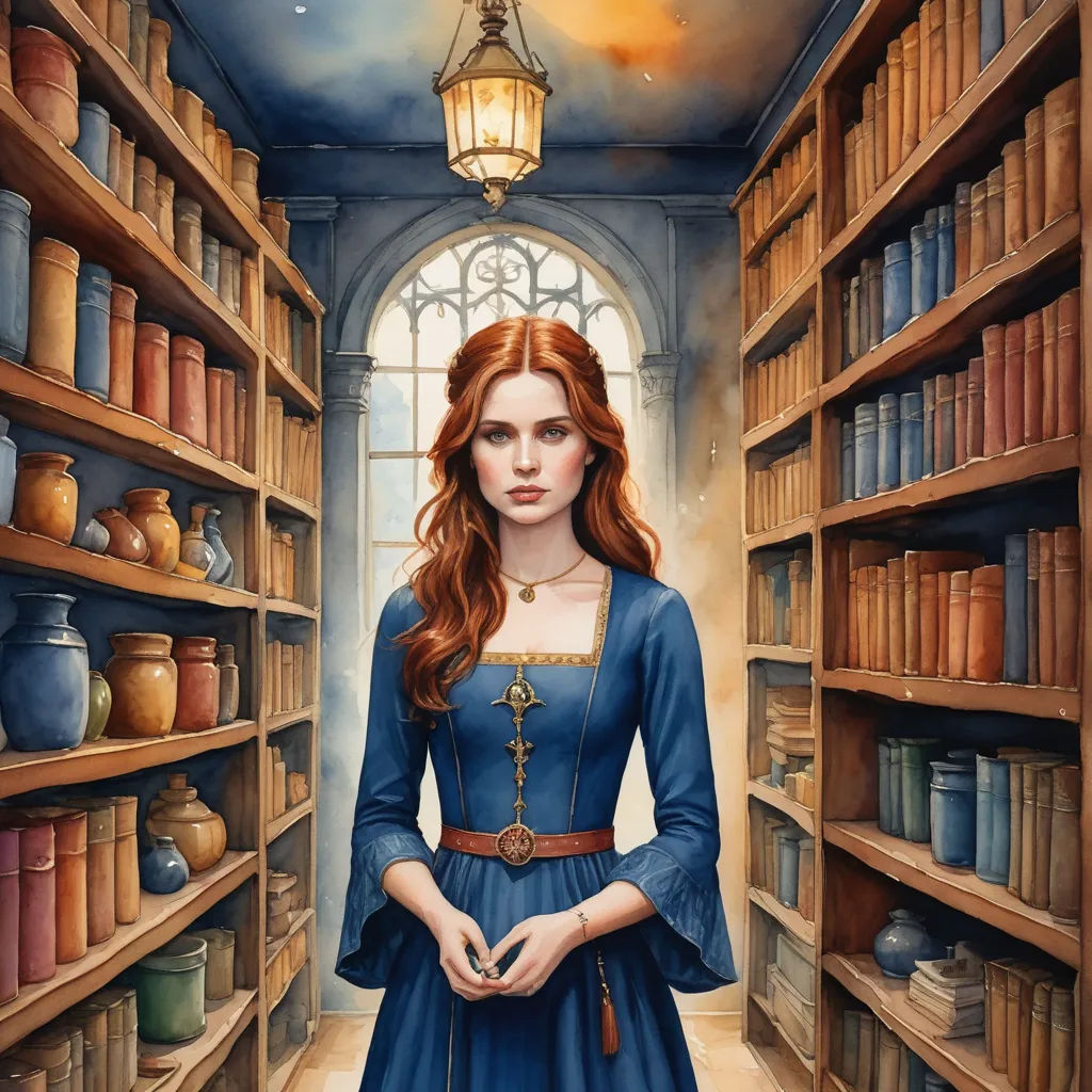 a painting of a woman in a library with bookshelves and a lamp above her head and a lantern above her head, fantasy art, a detailed painting, Charlie Bowater, fantasy artwork