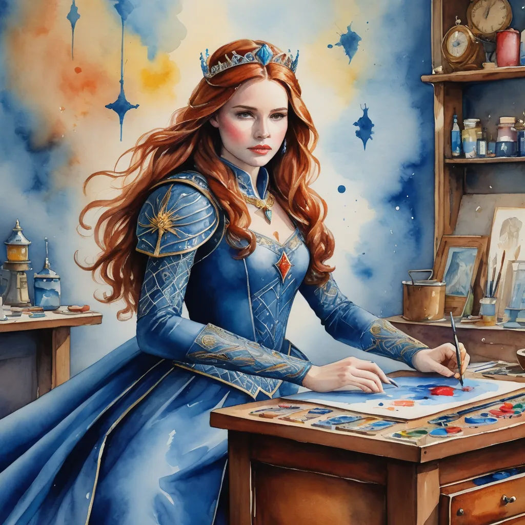 a painting of a woman in a blue dress sitting at a desk with a paintbrush and a paintbrush, fantasy art, a detailed painting, Donato Giancola, fantasy artwork