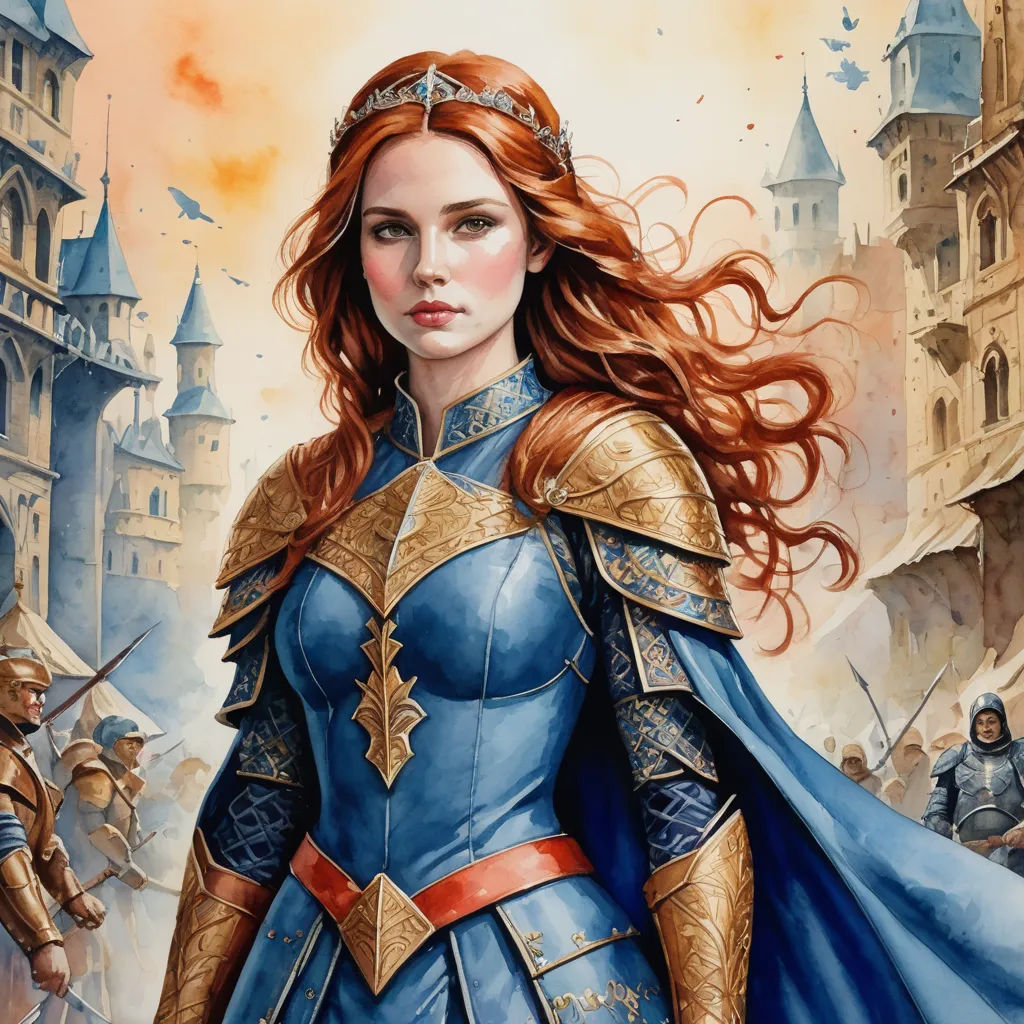 a painting of a woman in a blue dress and gold armor with a sword in her hand and a castle in the background, fantasy art, a detailed painting, Donato Giancola, epic fantasy character art