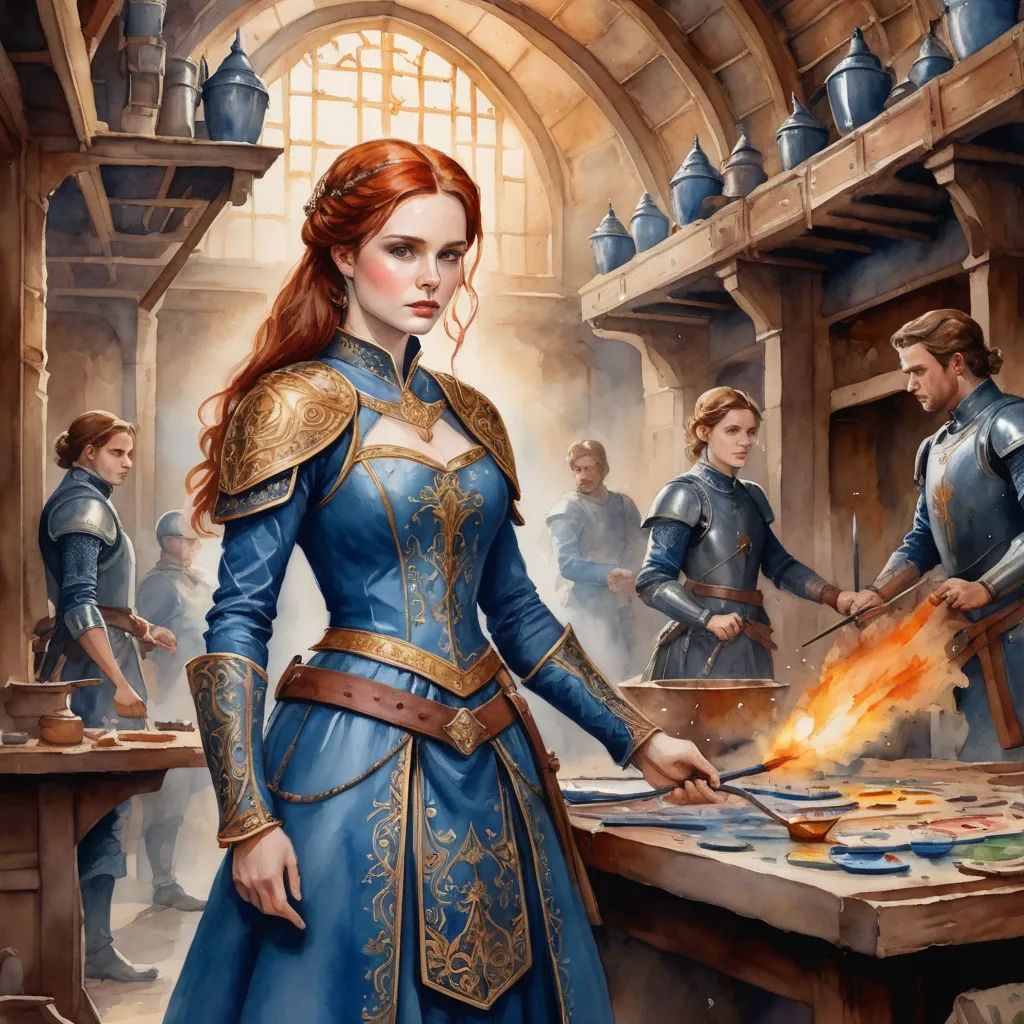 a painting of a woman in a blue dress standing in front of a table with a fire in it, fantasy art, a detailed painting, Donato Giancola, magic the gathering artwork
