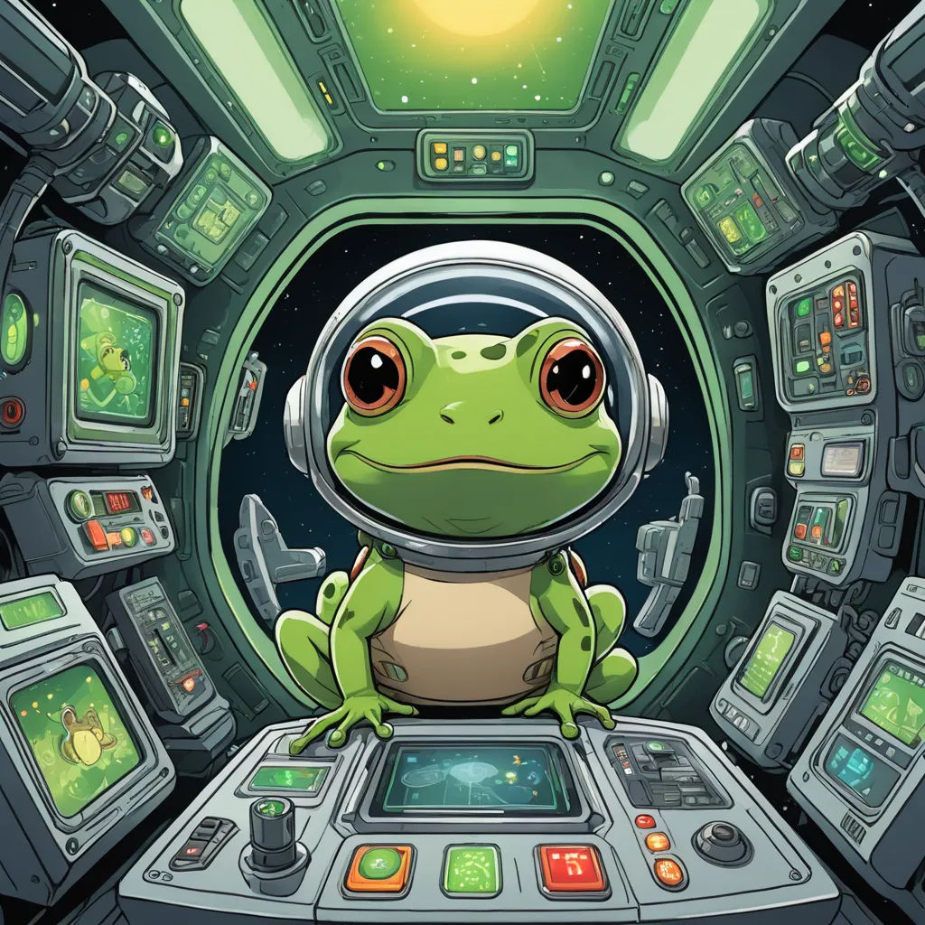 a frog in a space station with a tablet and a monitor on the table, looking at the camera, space art, a storybook illustration, Asaf Hanuka, yukito kishiro