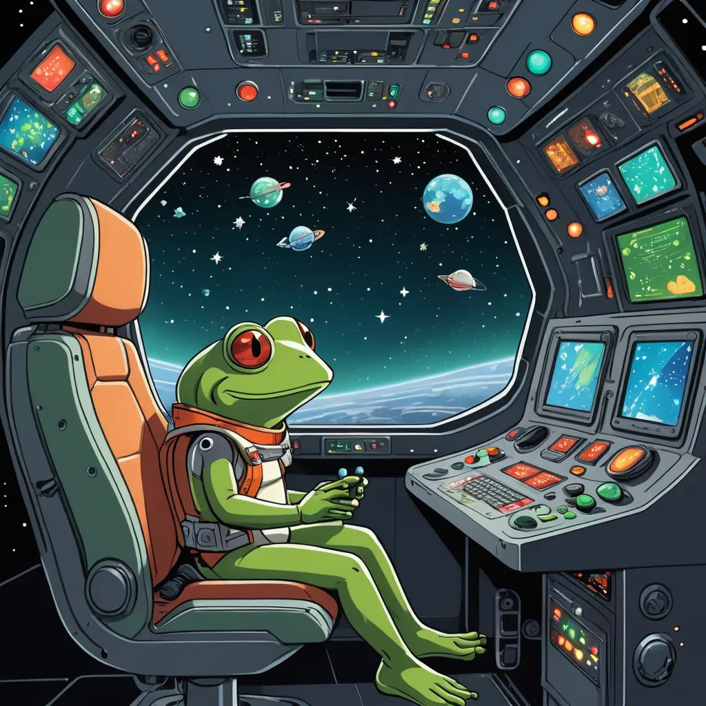 a frog is sitting in a space station with a computer and a monitor screen in front of him and a view of the earth, space art, a storybook illustration, Andries Stock, official art