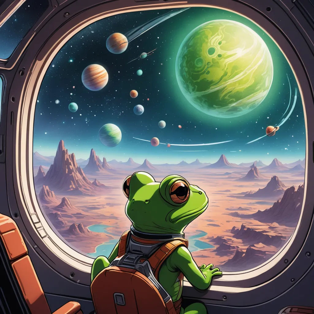 a frog looking out of a window at the planets in the sky with a backpack on his back and a space shuttle in the background, space art, a storybook illustration, Chris LaBrooy, rossdraws global illumination