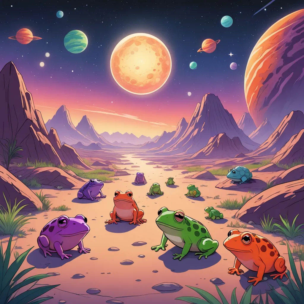 a group of frogs sitting on a dirt road in front of a planet with a moon and stars in the sky, space art, an album cover, Andries Stock, official art