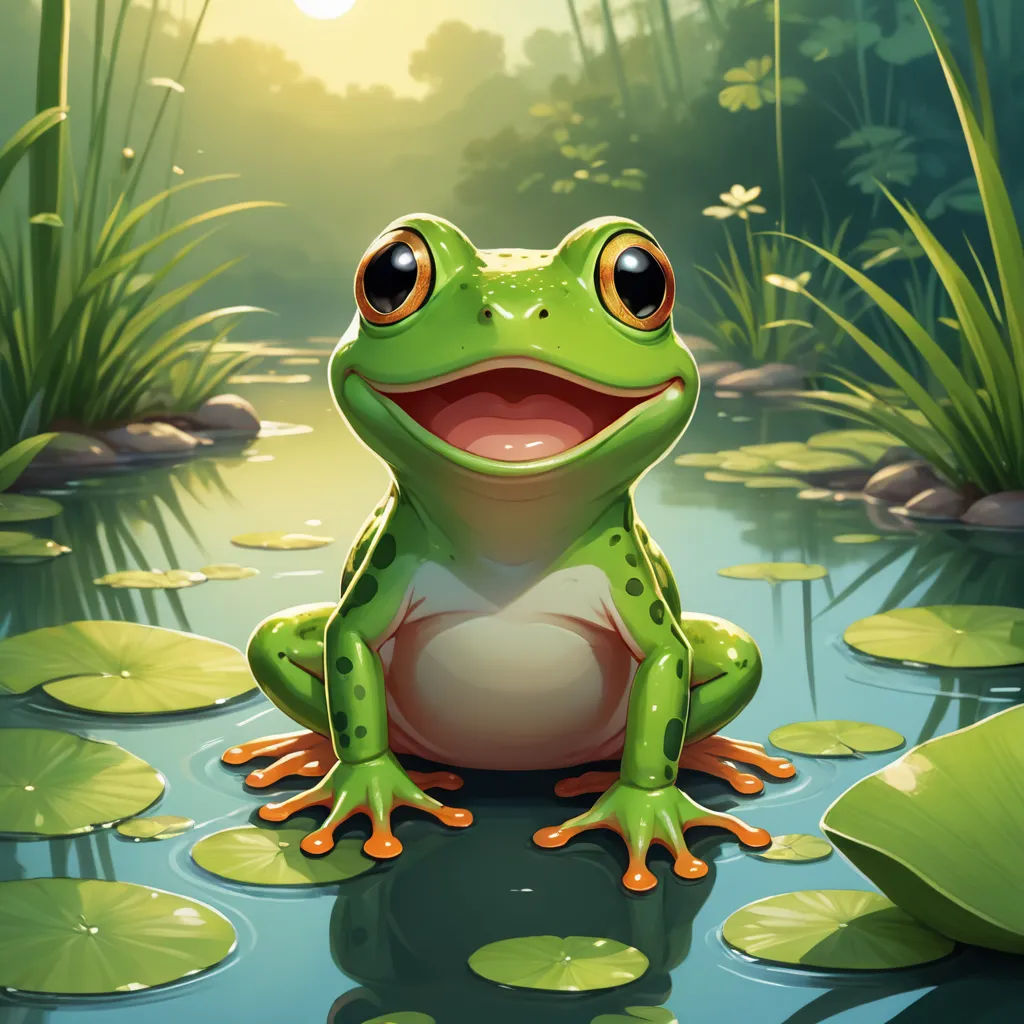a frog sitting on a lily pad in a pond with lily pads around it and a sun shining in the background, fantasy art, a digital painting, Andries Stock, highly detailed digital painting