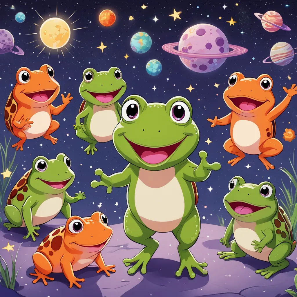a group of frogs in the space with planets in the background illustration by kohle kohle, space art, a storybook illustration, Andries Stock, highly detailed digital art