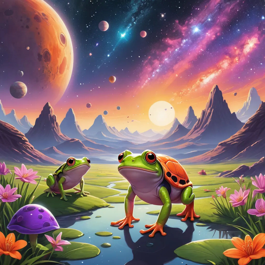 a painting of two frogs sitting on a lily pad in front of a mountain landscape with a moon and stars in the sky, space art, an airbrush painting, Chris LaBrooy, fantasy artwork