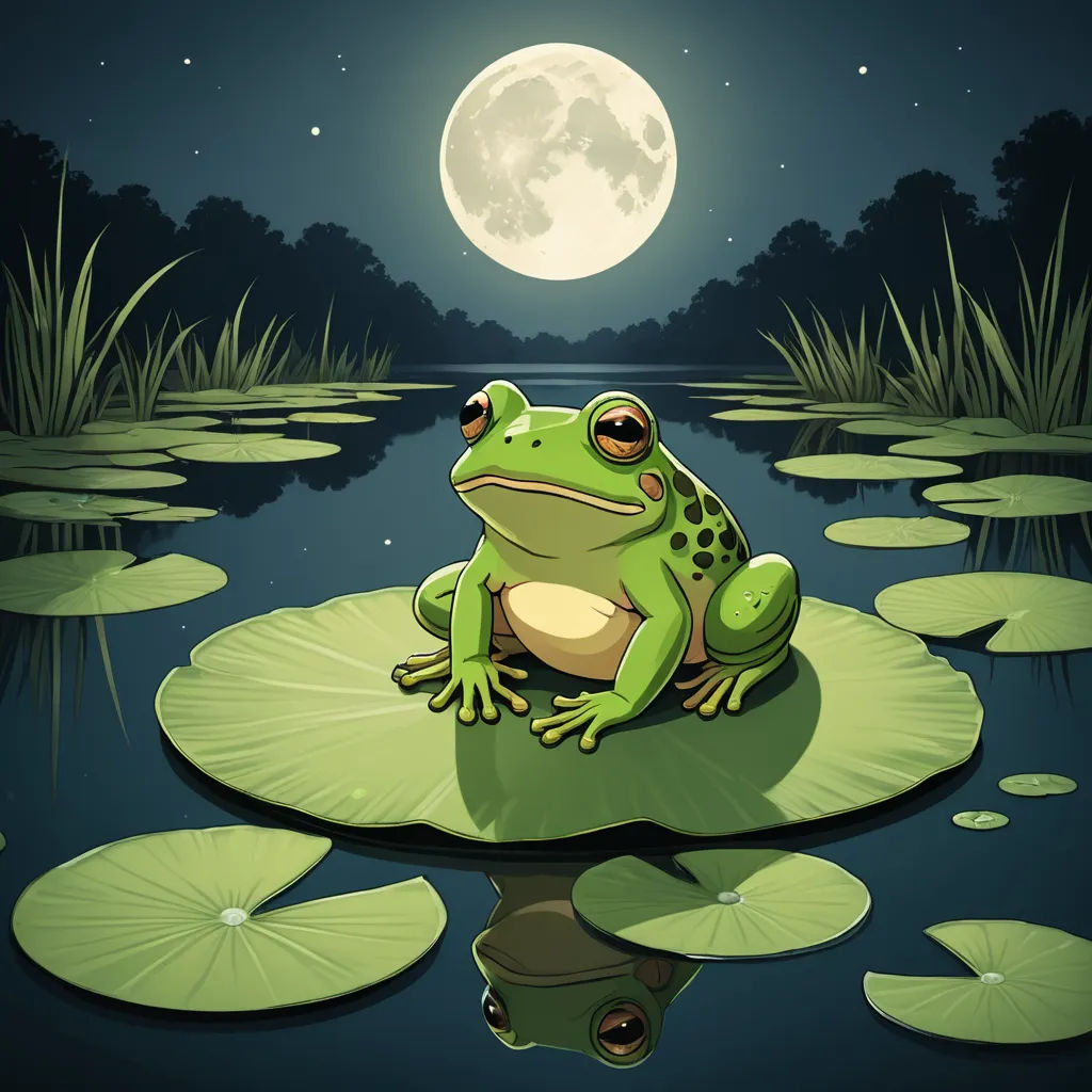 a frog sitting on a lily pad in the water at night with a full moon in the background and lily pads in the foreground, fantasy art, a storybook illustration, Andries Stock, storybook illustration