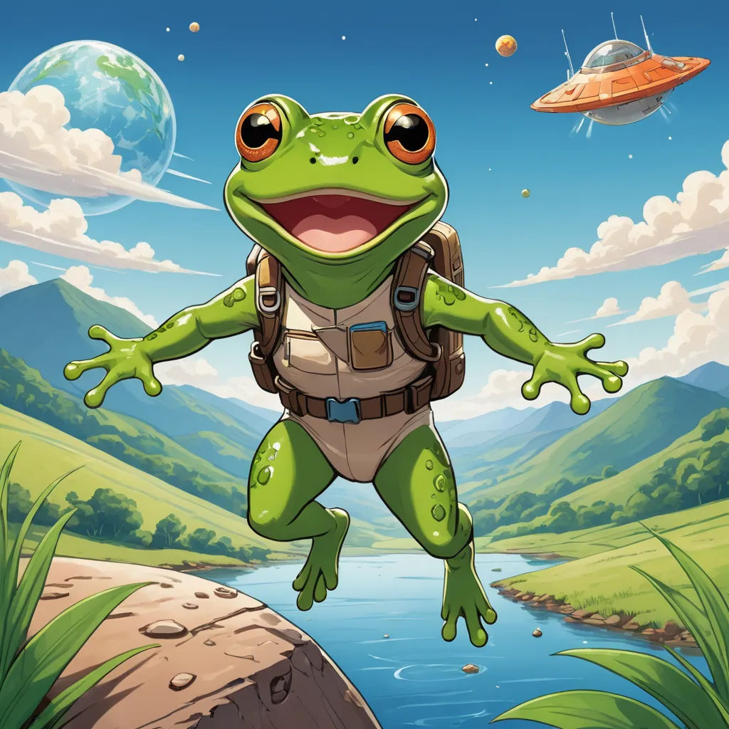 a frog is jumping in the air with a backpack on his back and a spaceship in the background with a river running through it, space art, a storybook illustration, Chris LaBrooy, promotional image