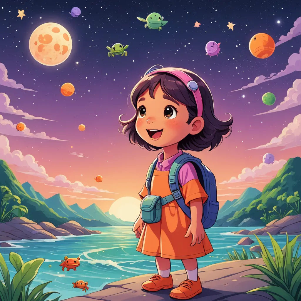 a girl with a backpack standing on a pier looking at the sky and planets above her, with a river and mountains in the background, space art, a storybook illustration, Diego Gisbert Llorens, promotional image