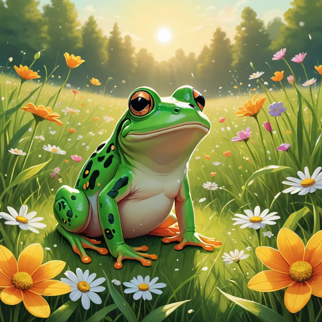 a frog sitting on a flowery patch of grass in front of a sunlit forest with daisies, fantasy art, a digital painting, Andries Stock, professional digital painting