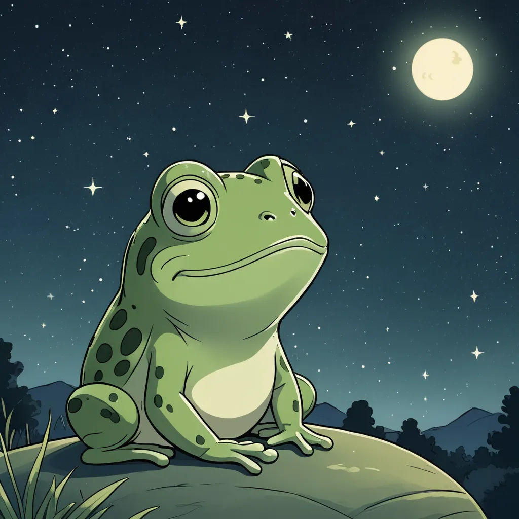 a frog sitting on a rock under a full moon and stars sky with a full moon in the background, space art, a storybook illustration, Andries Stock, night sky