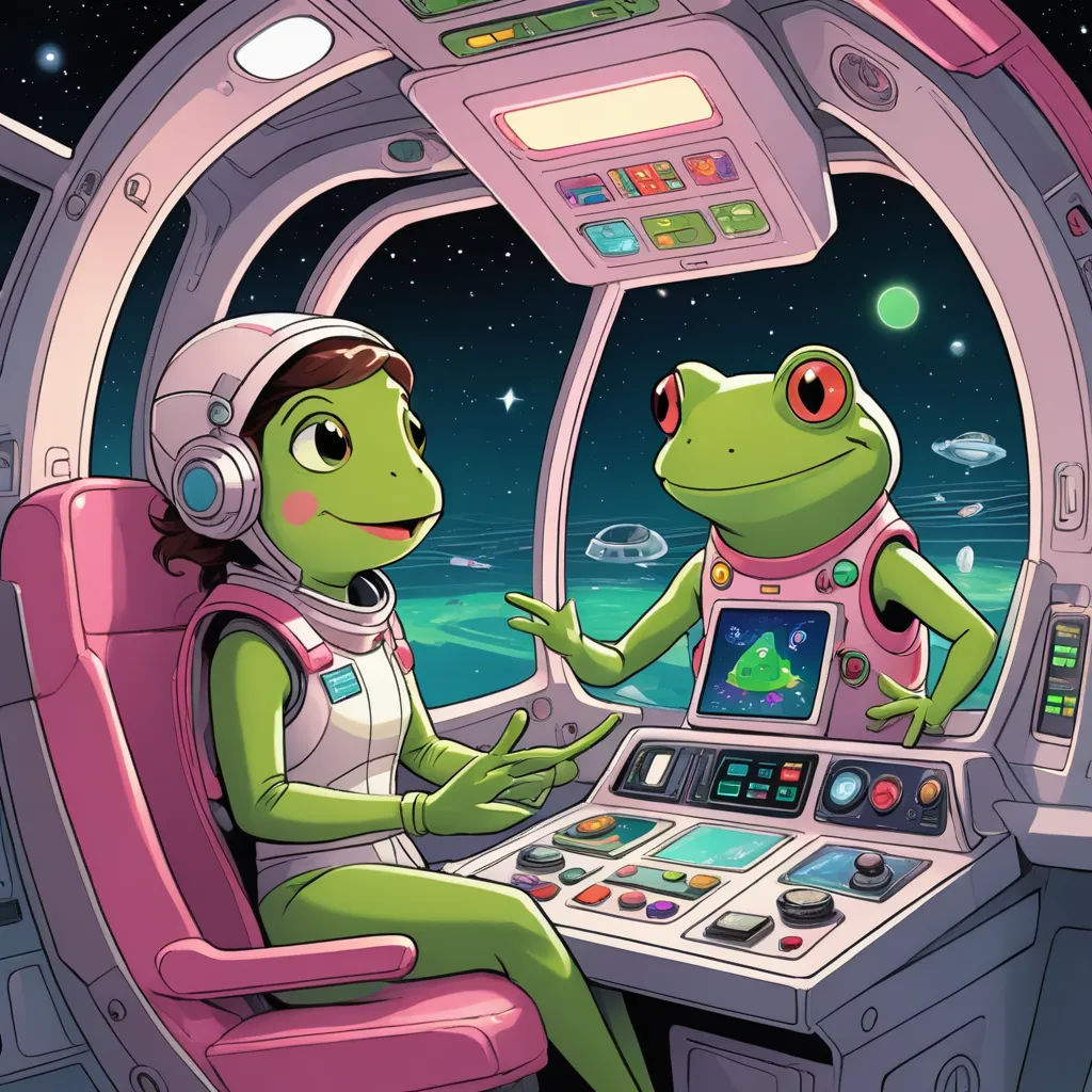 a frog and a frog astronaut in a space station with a computer screen and a monitor screen, and a space shuttle in the background, space art, a storybook illustration, Diego Gisbert Llorens, promotional image