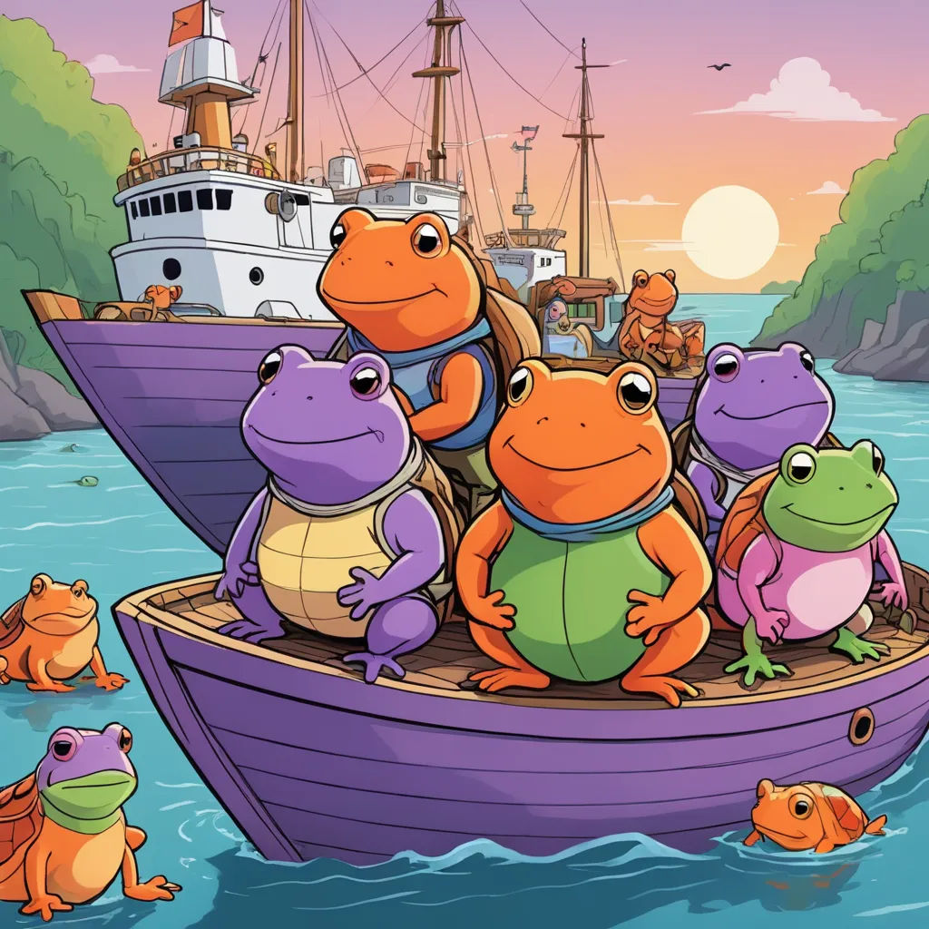 a group of frogs are sitting on a boat in the water with a ship in the background and a boat in the water, lyco art, a storybook illustration, Andries Stock, promotional image