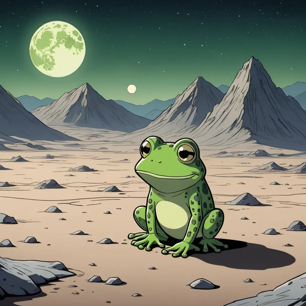 a frog sitting on a desert with a full moon in the background and mountains in the distance with a full moon in the sky, space art, an album cover, Asaf Hanuka, yukito kishiro