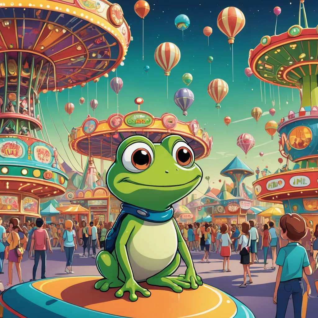 a frog sitting on a table in front of a carnival ride with balloons flying overhead and people walking around, pop surrealism, a storybook illustration, Chris LaBrooy, promotional image