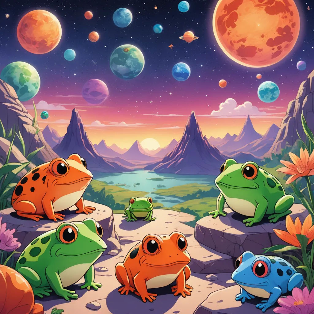 a group of frogs sitting on top of a rock under a full moon sky with planets in the background, space art, an album cover, Chris LaBrooy, official art