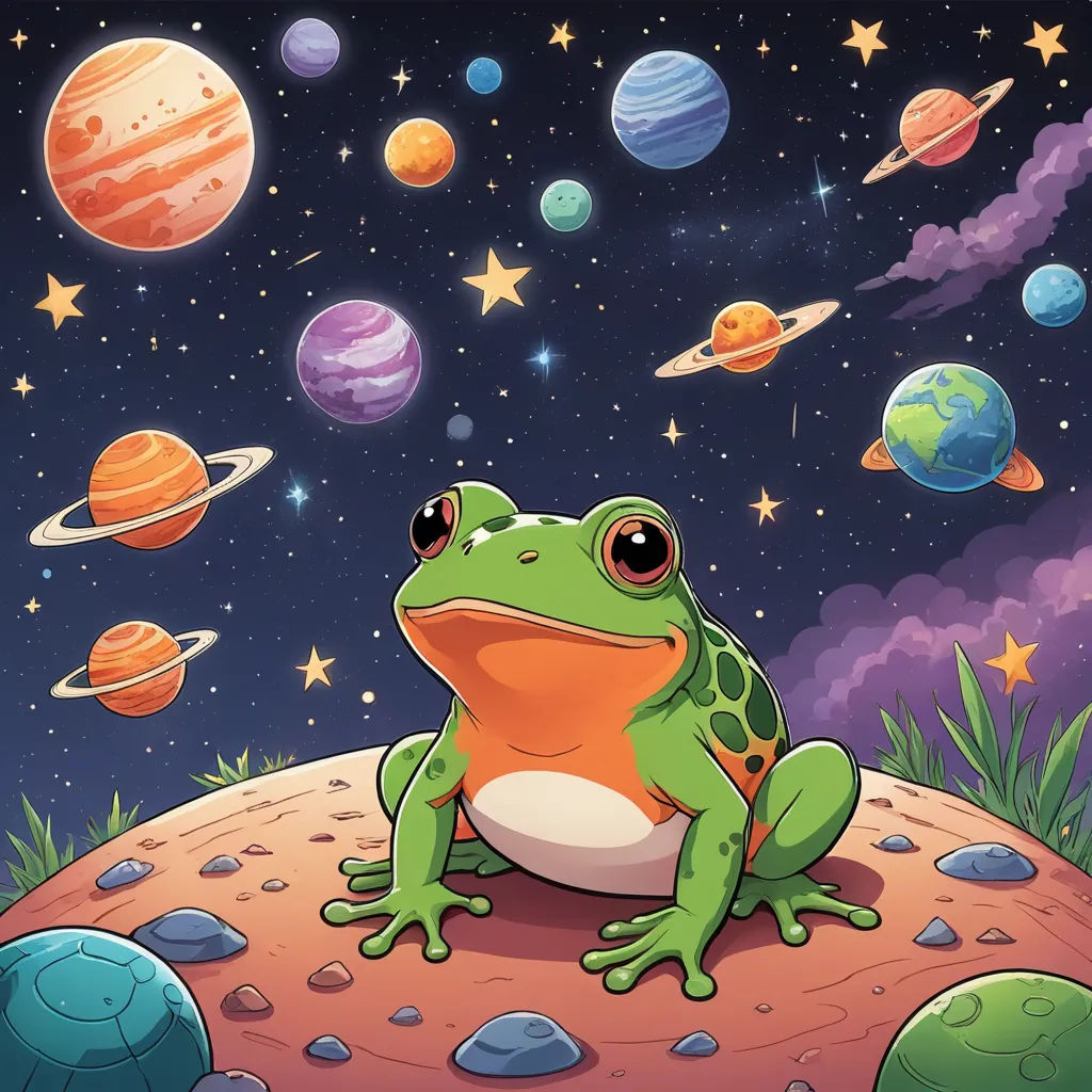 a frog sitting on a rock in front of the planets and stars of the sky with a background of stars and planets, space art, a storybook illustration, Andries Stock, space