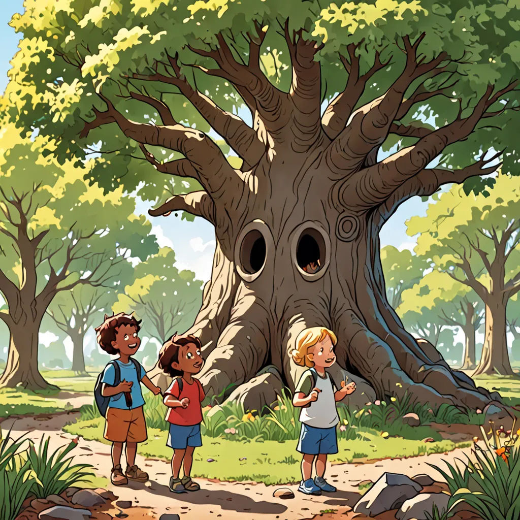 a group of children standing in front of a tree with a hole in it's trunk and a man standing next to it, environmental art, a storybook illustration, Diego Gisbert Llorens, storybook illustration