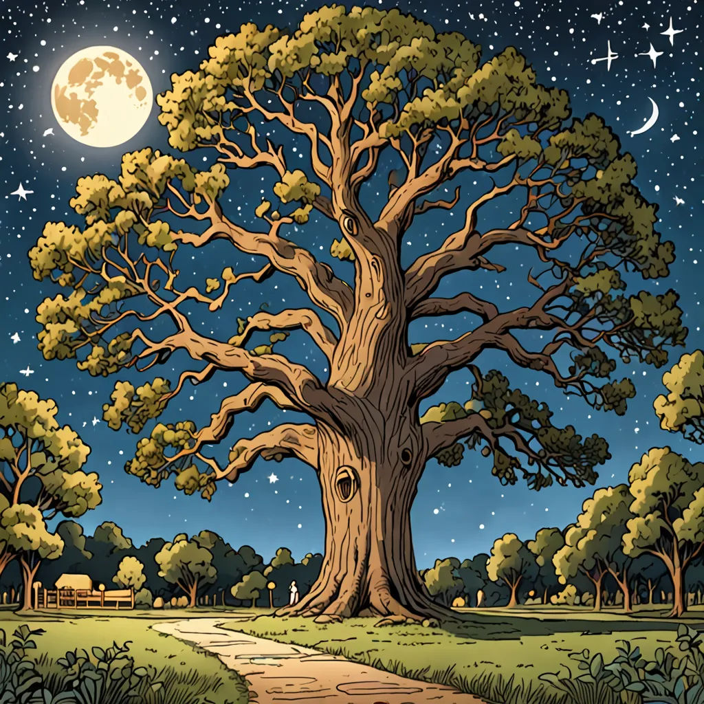 a tree with a pathway leading to it under a full moon sky with stars and a path leading to it, magical realism, a storybook illustration, Dan Mumford, storybook illustration