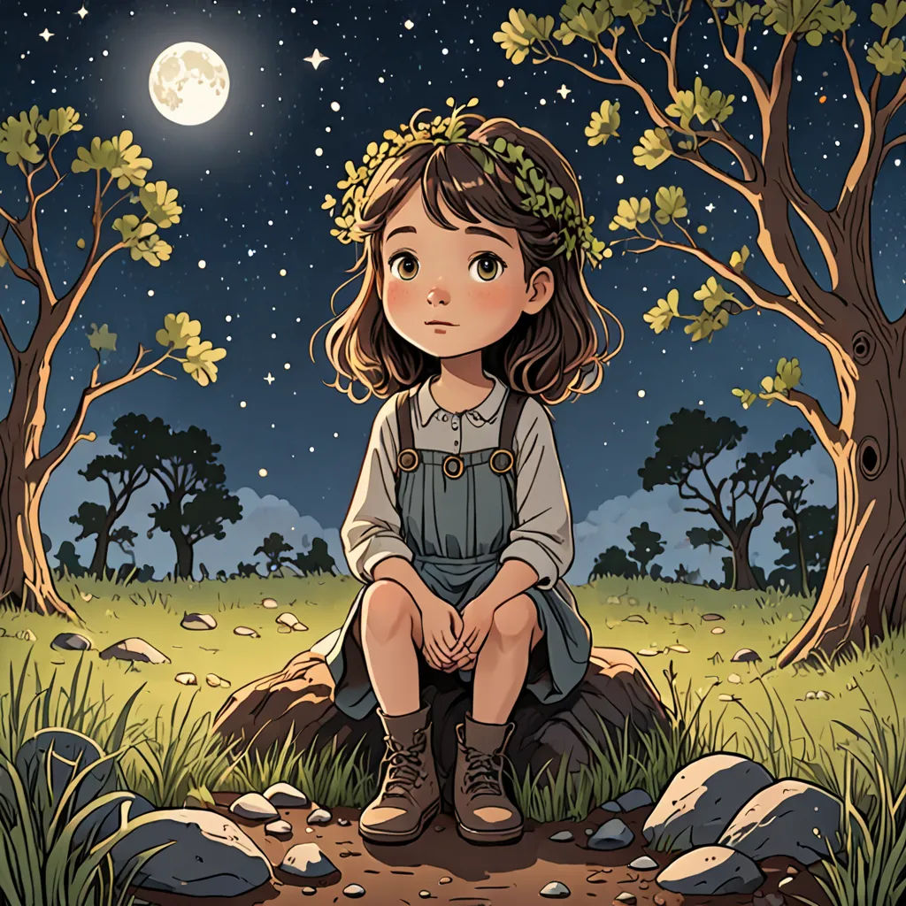 a little girl sitting on a rock in the grass under a full moon and stars sky with trees and rocks, fantasy art, a storybook illustration, Cliff Childs, comic cover art