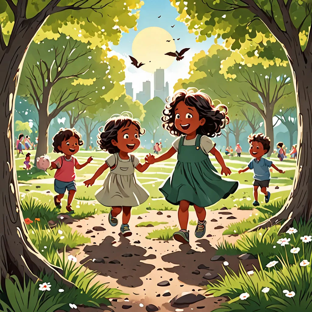 a group of children walking through a park holding hands and holding hands with each other, with a bird flying overhead, magical realism, a storybook illustration, Ella Guru, book cover