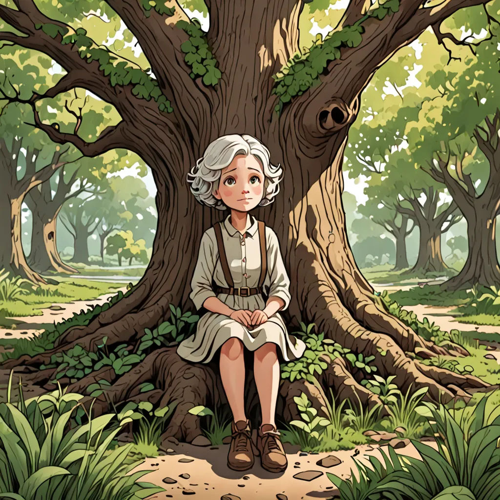 a woman sitting on a tree in a forest with a forest background and a path leading to a tree, fantasy art, a storybook illustration, Cliff Childs, rossdraws global illumination