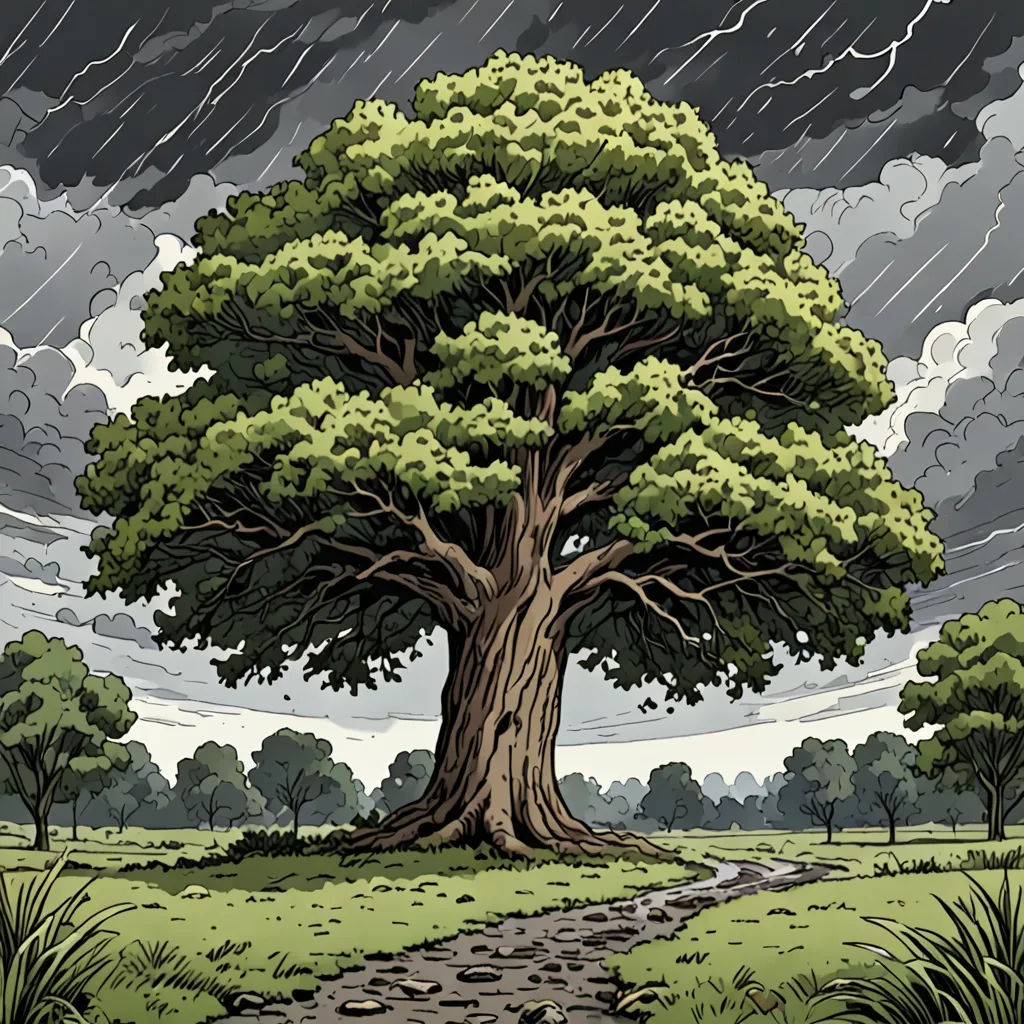 a tree with a path leading to it under a cloudy sky with rain falling down on it and a path leading to the ground, naturalism, a woodcut, Dan Mumford, comic cover art